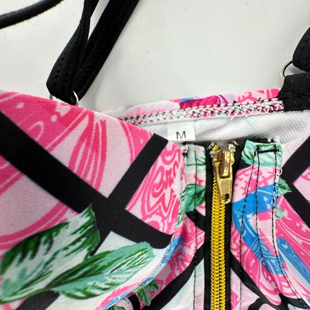 Bikini Set Bustier Push Up Women M Pink Floral Geometric Zipper Detail - Picture 4 of 7